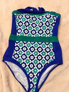 Boden Blue and Green Floral Geometric One-Piece Swimsuit